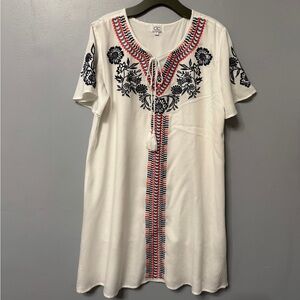 White Embroidered Dress with Red and Blue Accents